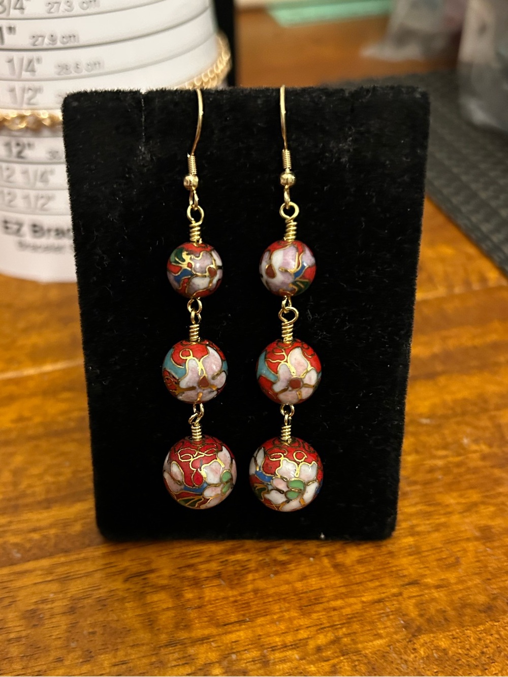 Red Cloisonné 3-Tier Wire Wrapped Earrings